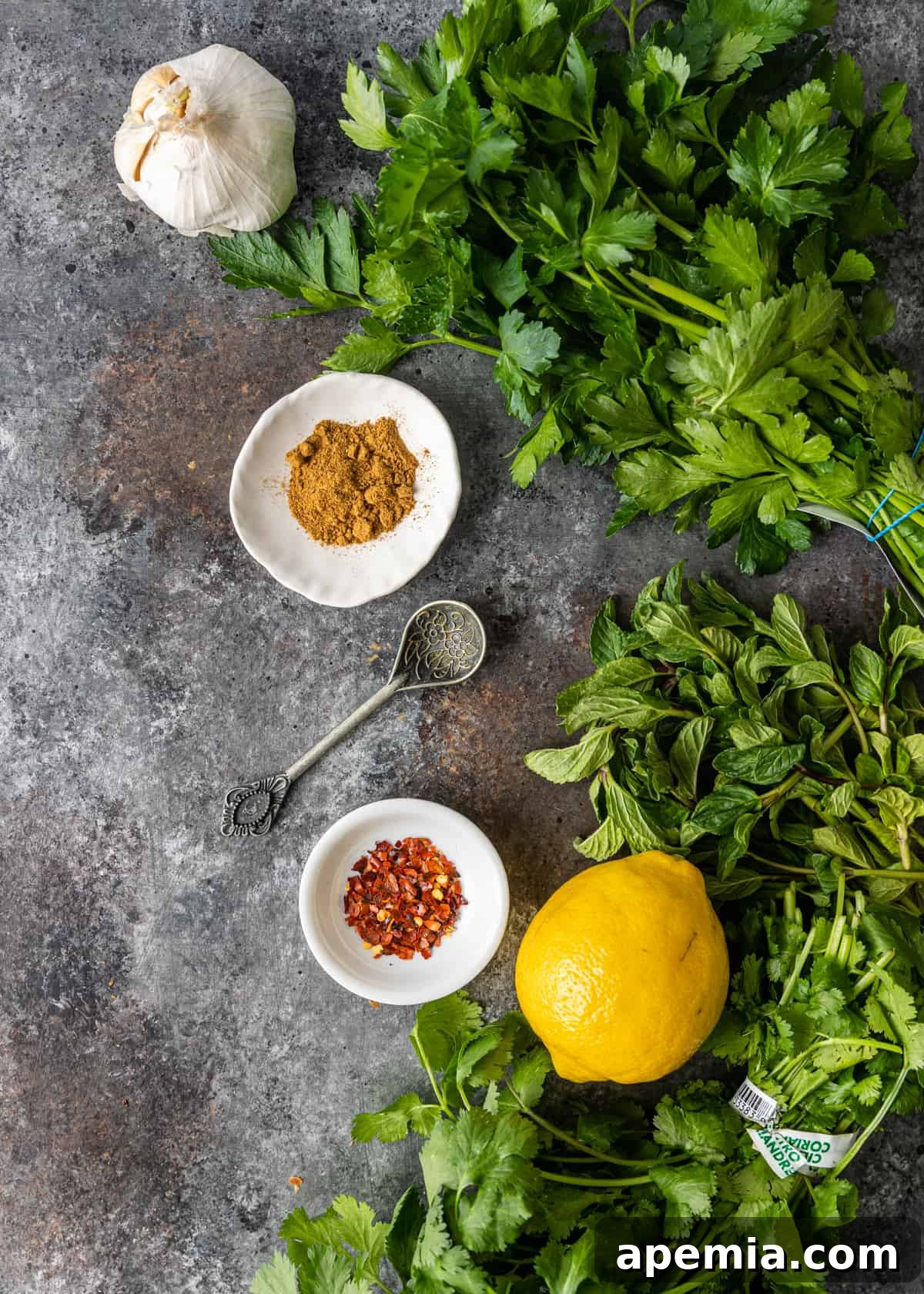 Overhead view: fresh and vibrant ingredients laid out for making green chermoula.