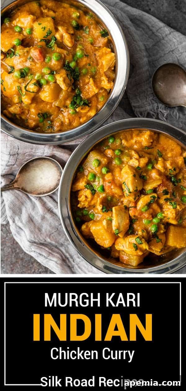 Titled image showing a beautifully presented bowl of Murgh Kari Indian chicken curry, ready for a delicious meal.
