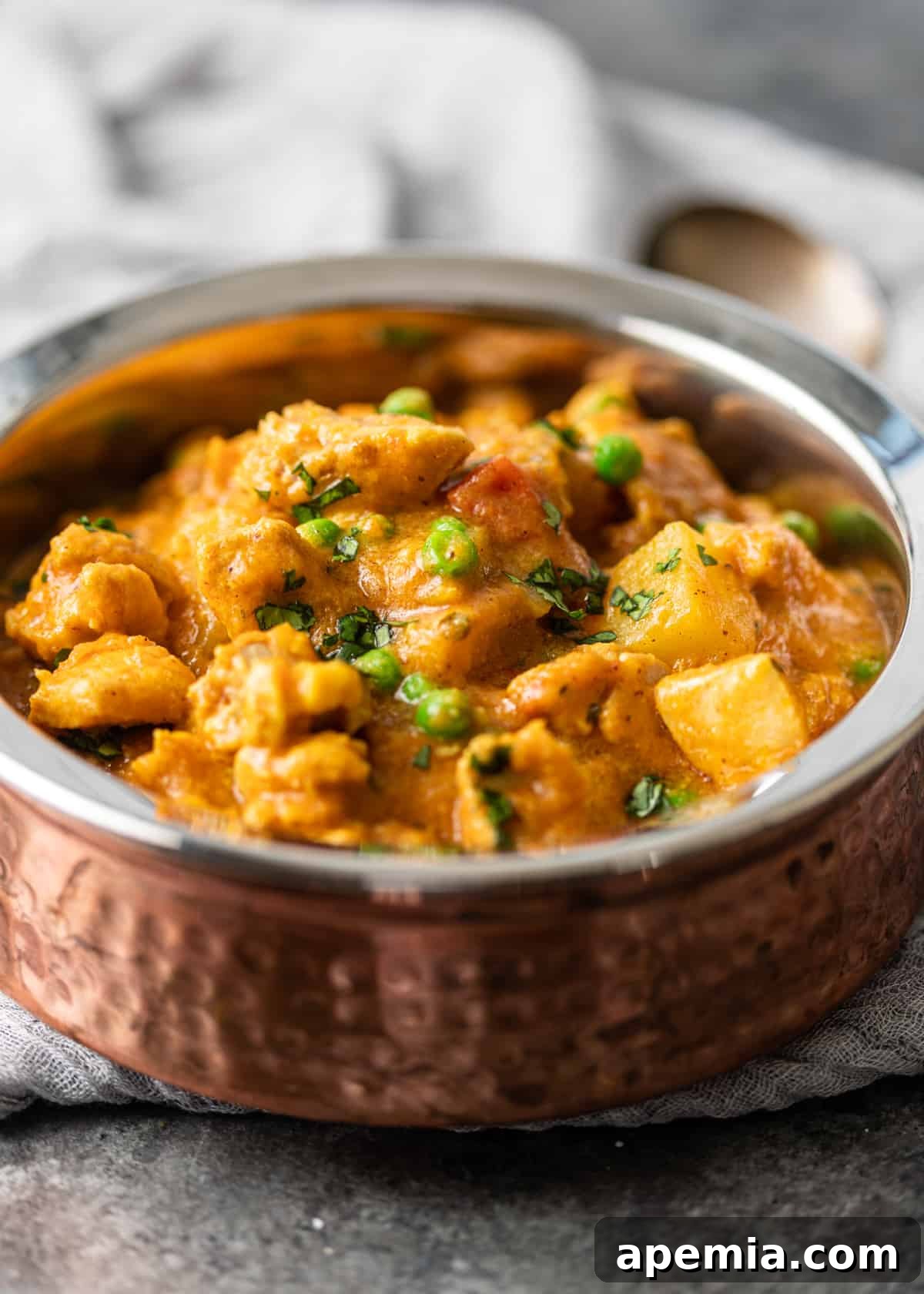Side view of a delicious Indian chicken curry in a bowl, showcasing its rich texture and tender components.