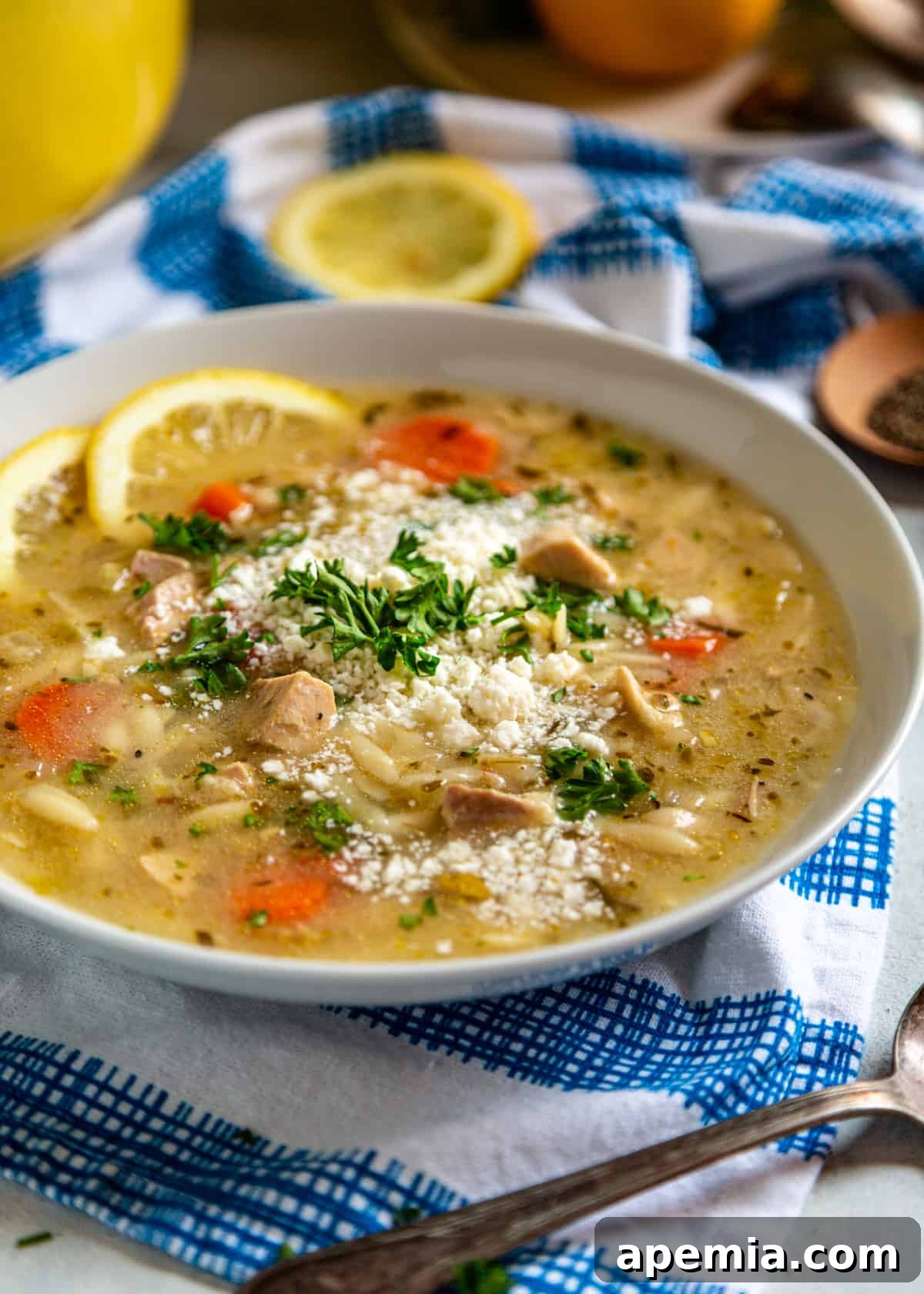 Sunshine Lemon Chicken Orzo Soup 7 closeup: ready to eat bowl of orzo soup with feta and herbs on top