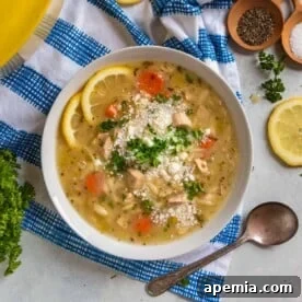 A bowl of vibrant Lemon Chicken Orzo Soup, garnished with fresh herbs and lemon slices.