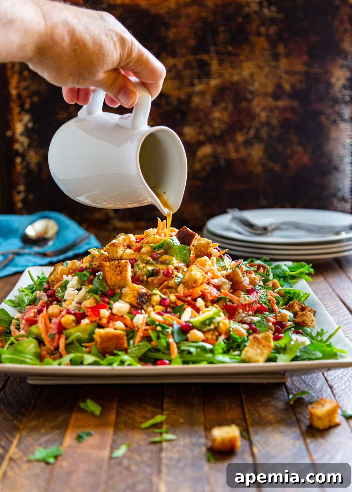 pouring dressing over salad with croutons on top