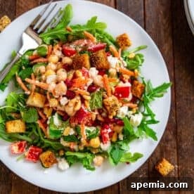 close up of Mediterranean chickpea salad on white plate with fork