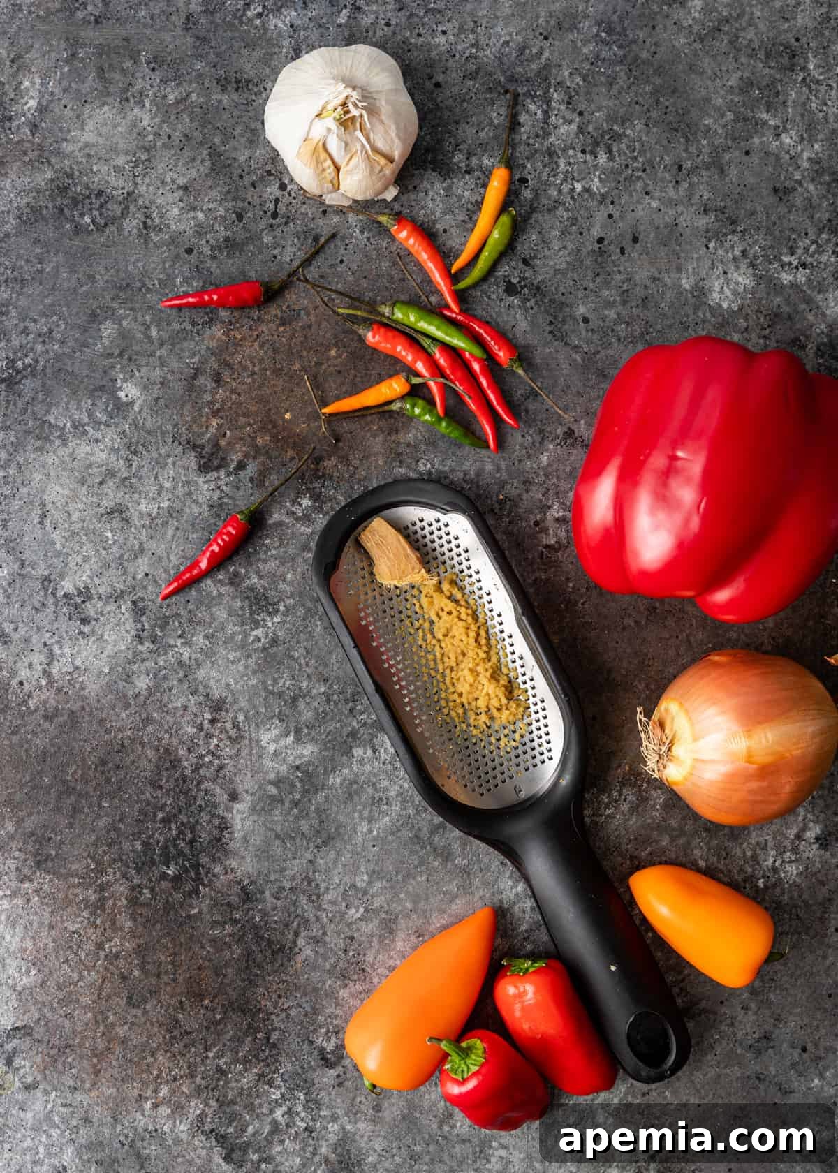 overhead process shot: ingredients to make sweet chili sauce recipe