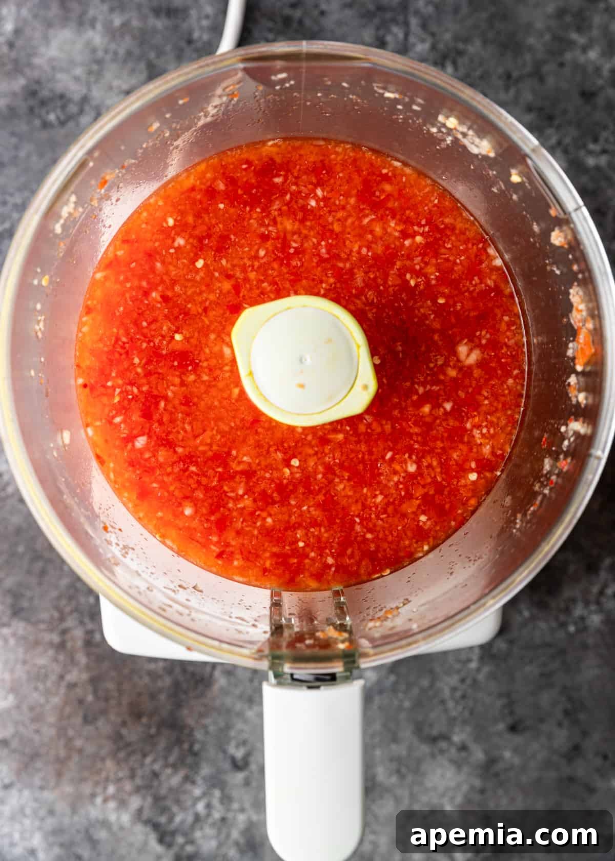 overhead process shot: sweet chili sauce being blended