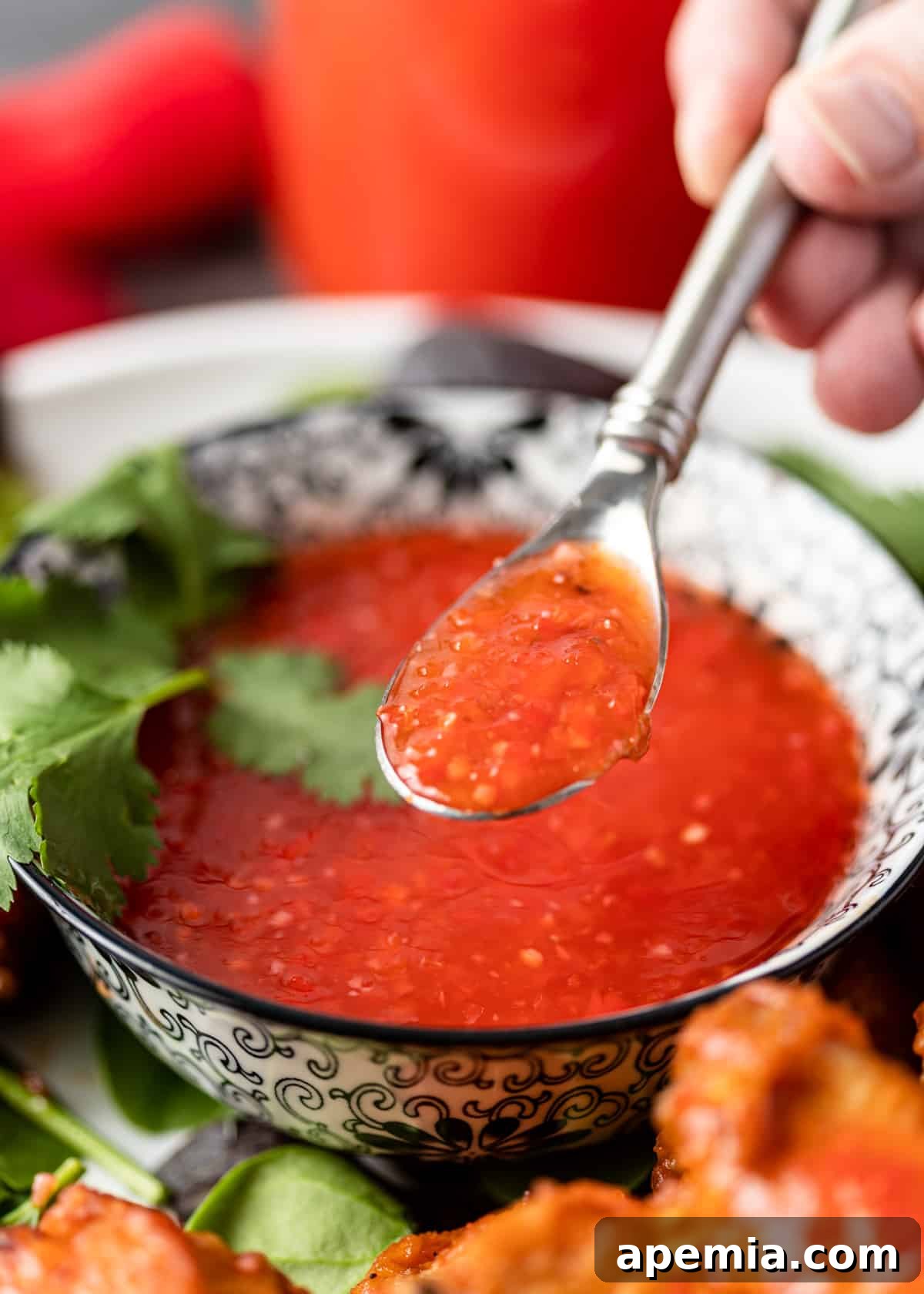 closeup: spoon of chili sauce over top of bowl