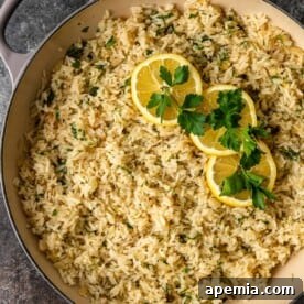 A serving of Greek Lemon Rice in a bowl, garnished with lemon slices and fresh herbs.