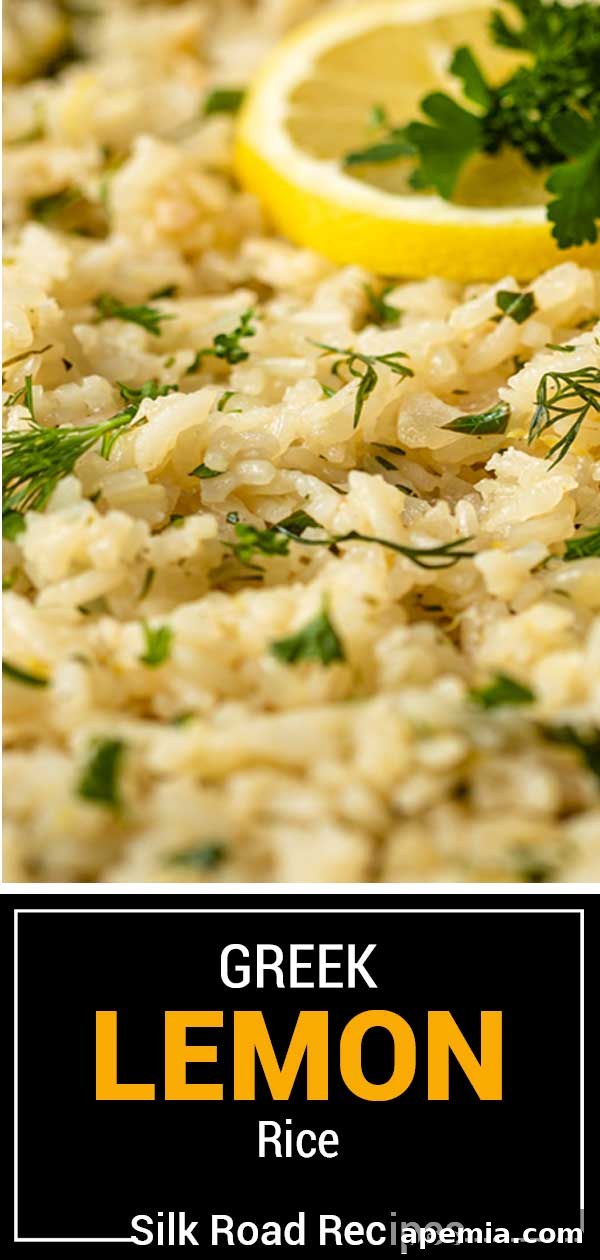 A beautifully presented serving of Greek lemon rice in a bowl, highlighted with fresh herbs and lemon slices.