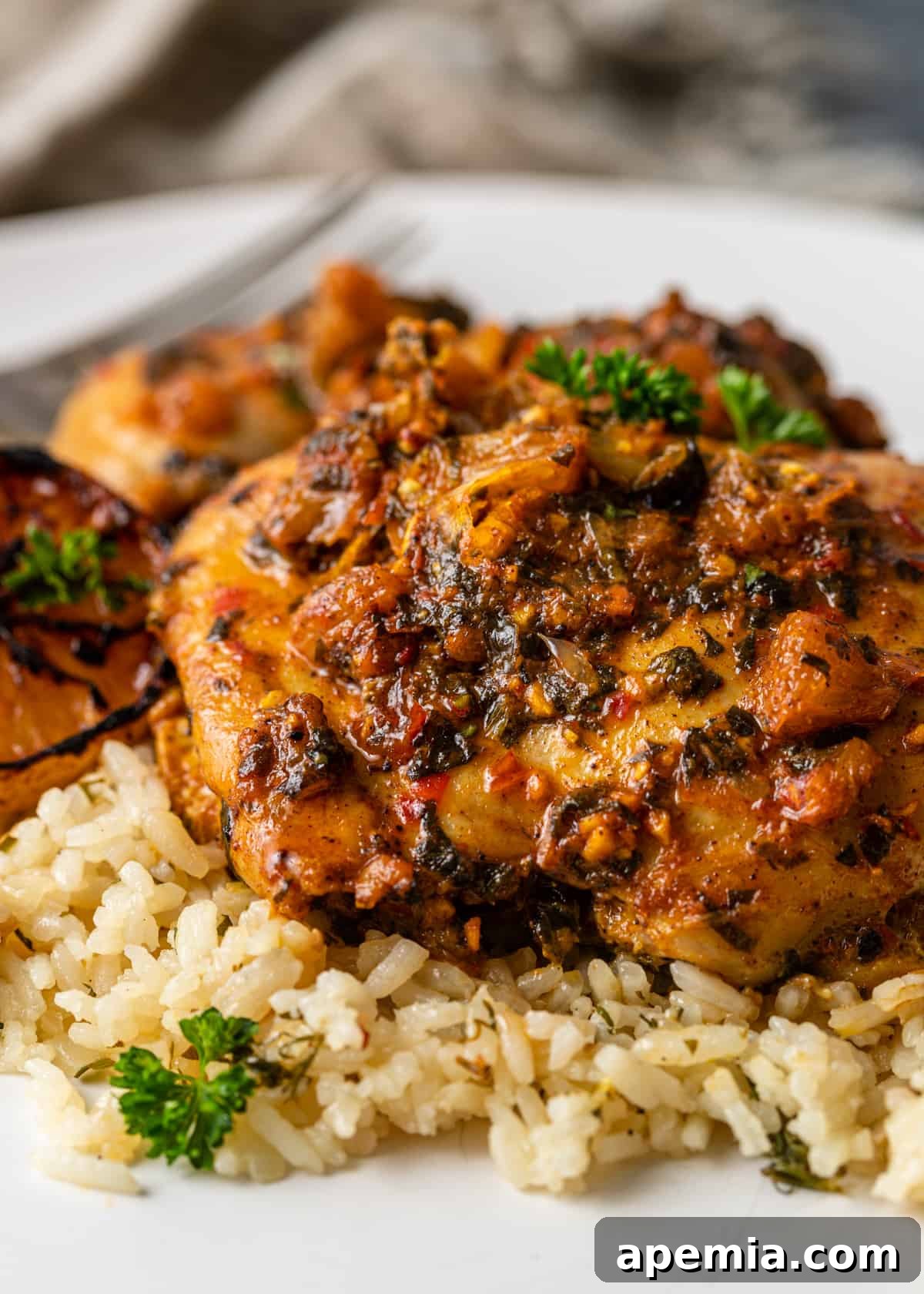 closeup of Chermoula Chicken on top of rice