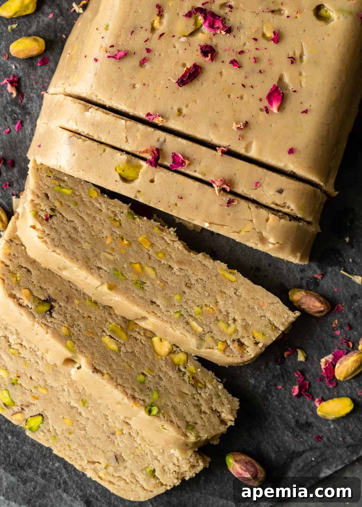 Overhead shot of slicing into a loaf of halva, revealing embedded pistachios.