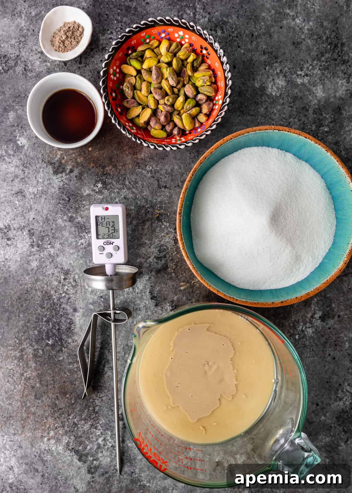 Overhead process shot: Ingredients laid out to make halva recipe