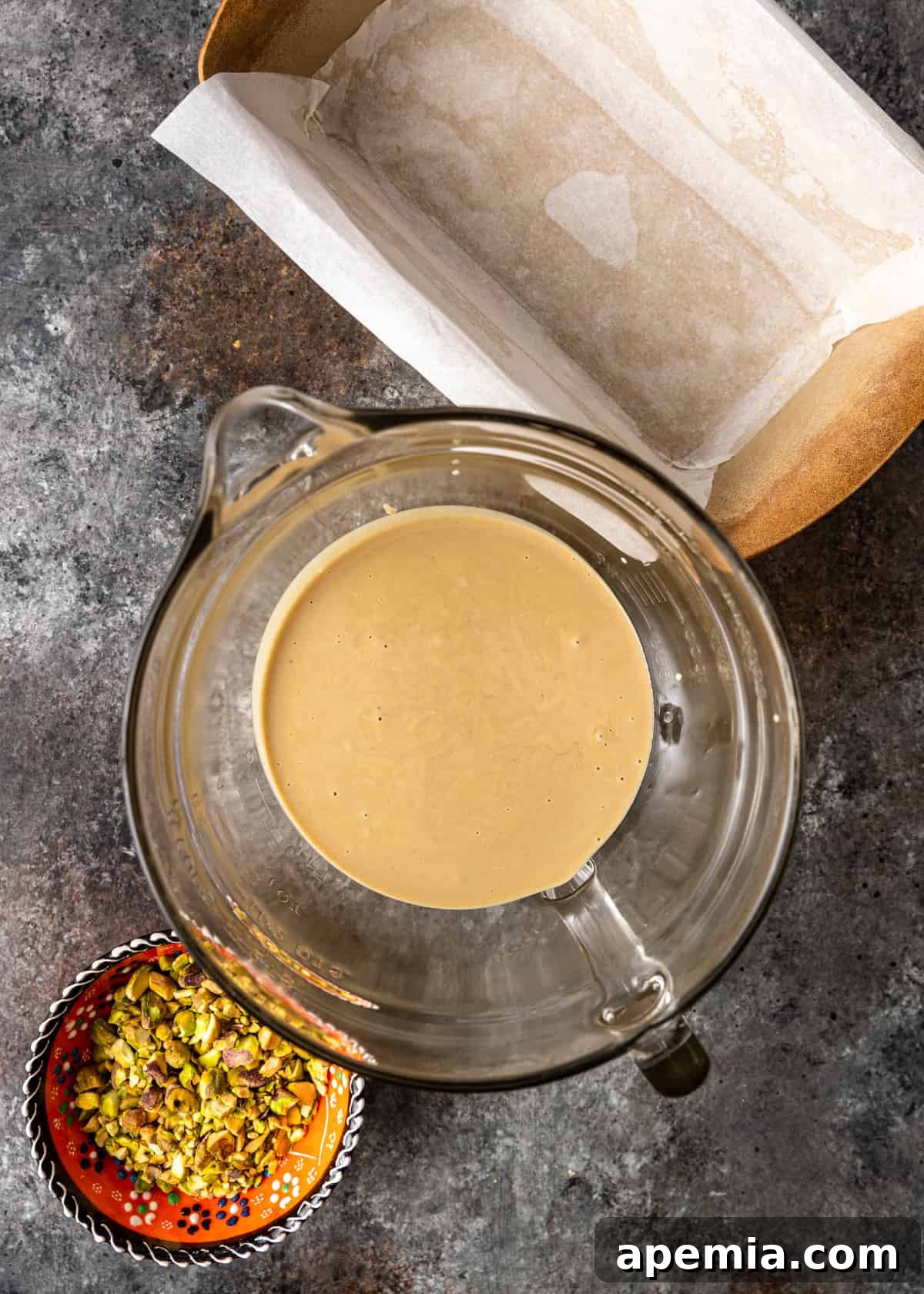 Overhead process shot: Combining liquid ingredients for halvah