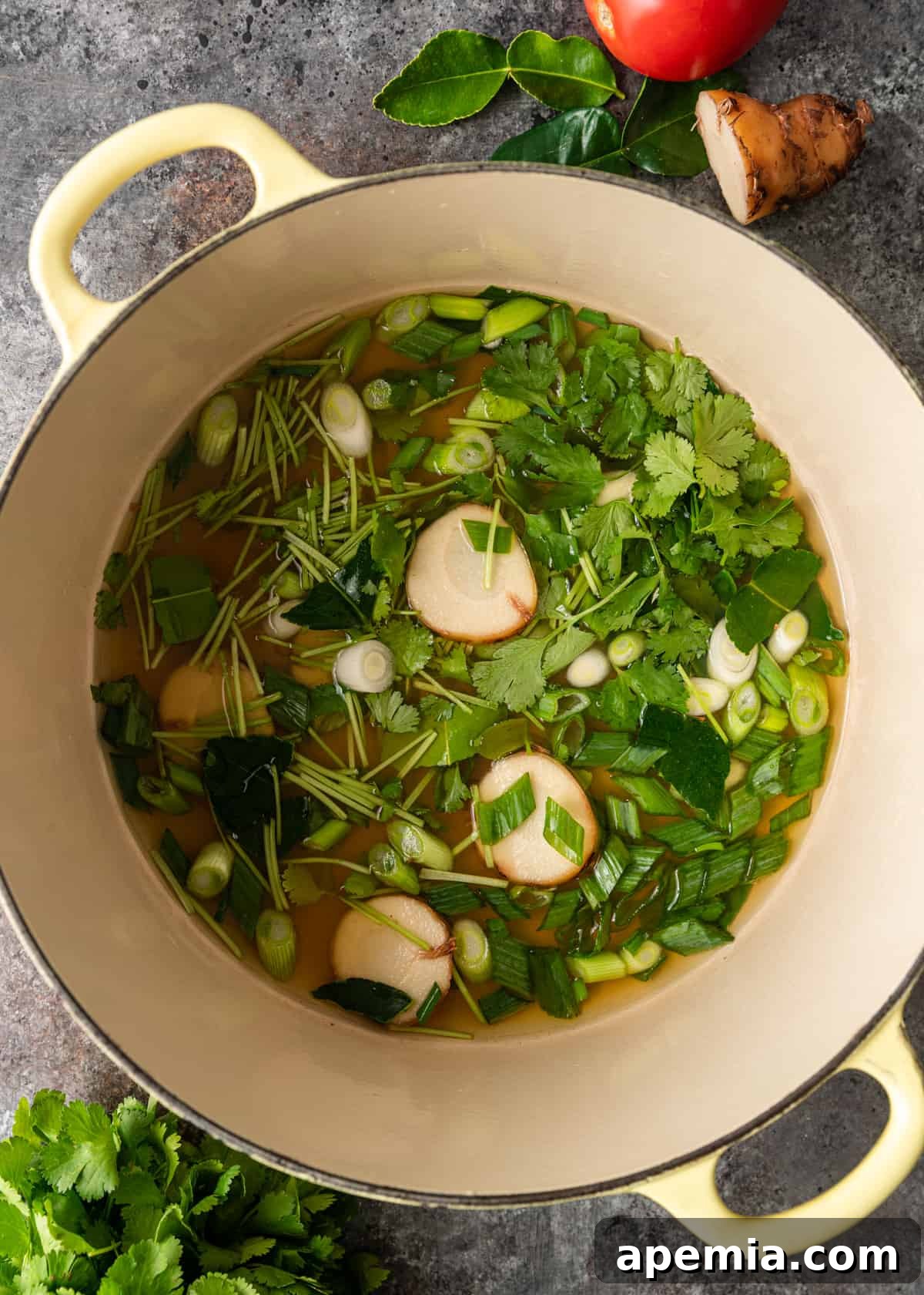 Fragrant Thai Coconut Chicken Soup 4 overhead: herbs and ingredients in a pot
