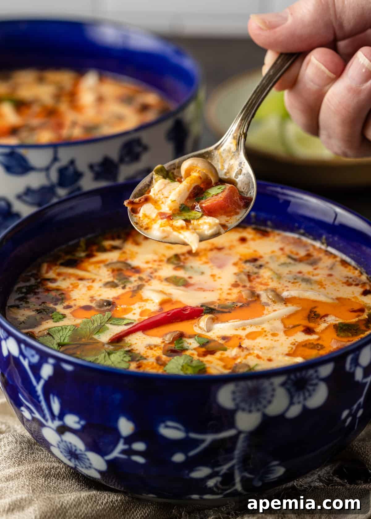 Fragrant Thai Coconut Chicken Soup 8 closeup: a spoonful of tom kha soup over a bowl with more