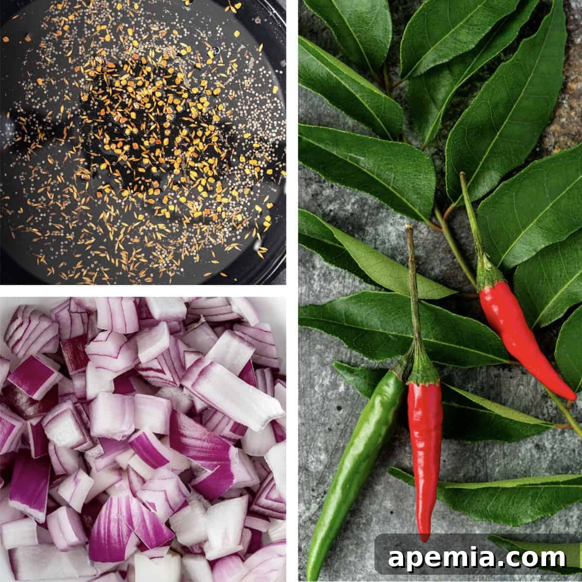A vibrant photo collage featuring the fresh, essential ingredients used to make traditional Aloo Masala, including potatoes, onions, garlic, ginger, and various whole and ground Indian spices.