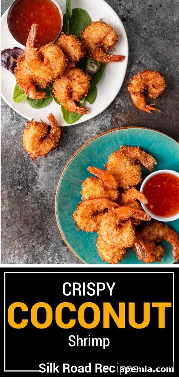 Sweet Coconut Crunch Shrimp 12 Large titled image: 'Crispy Coconut Shrimp', showcasing a beautifully arranged platter of shrimp with dipping sauces.
