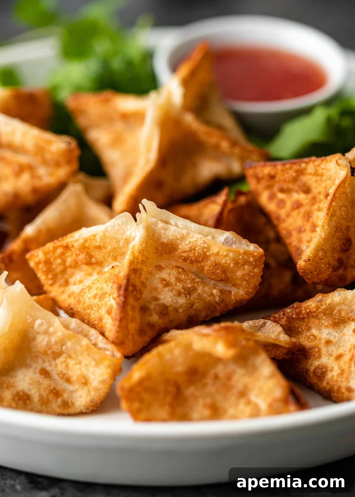 closeup side view: crab rangoons on a white plate with side of dipping sauce