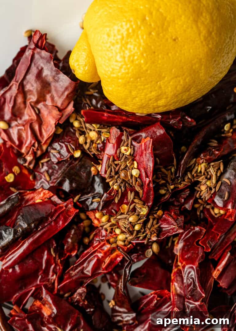 A whole lemon displayed alongside the toasted chilis and spices, representing the key flavor components.