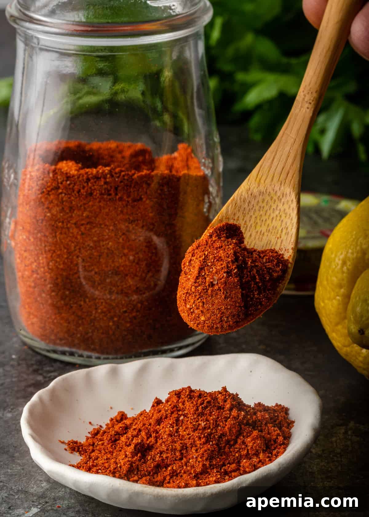 A wooden spoon delicately holding a portion of Lemon Harissa Powder, illustrating its texture.