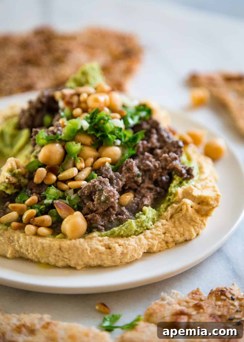 side view of hummus with lamb, garnished with pine nuts and fresh parsley