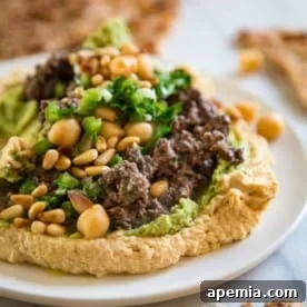 tasty Middle Eastern dish of lamb hummus kawarma