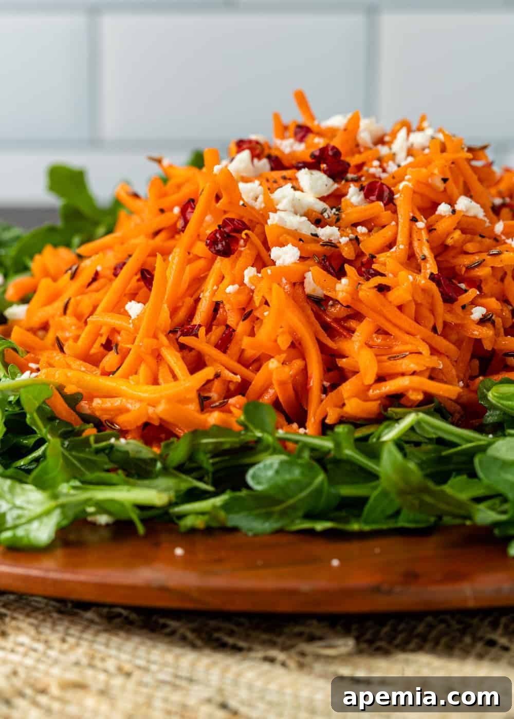 spicy Moroccan carrot salad topped with harissa and creamy feta cheese