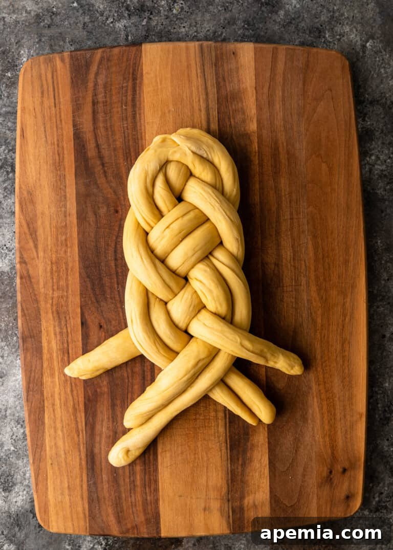 Process shot: Near completion of the Challah braid, with the ends still unbraided.