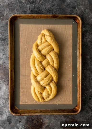 Braided Challah loaf on parchment paper, brushed with egg wash and ready for final proof.