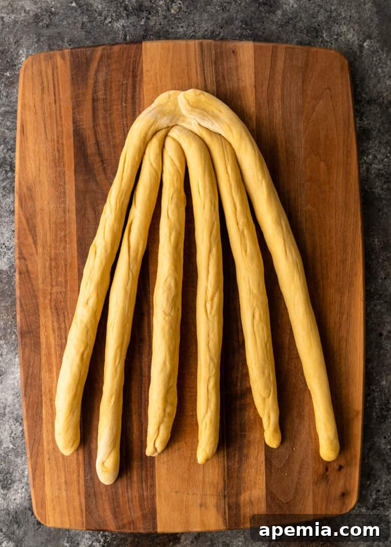 Process shot: Challah dough ropes, showing tapered edges in the middle, laid out for braiding.