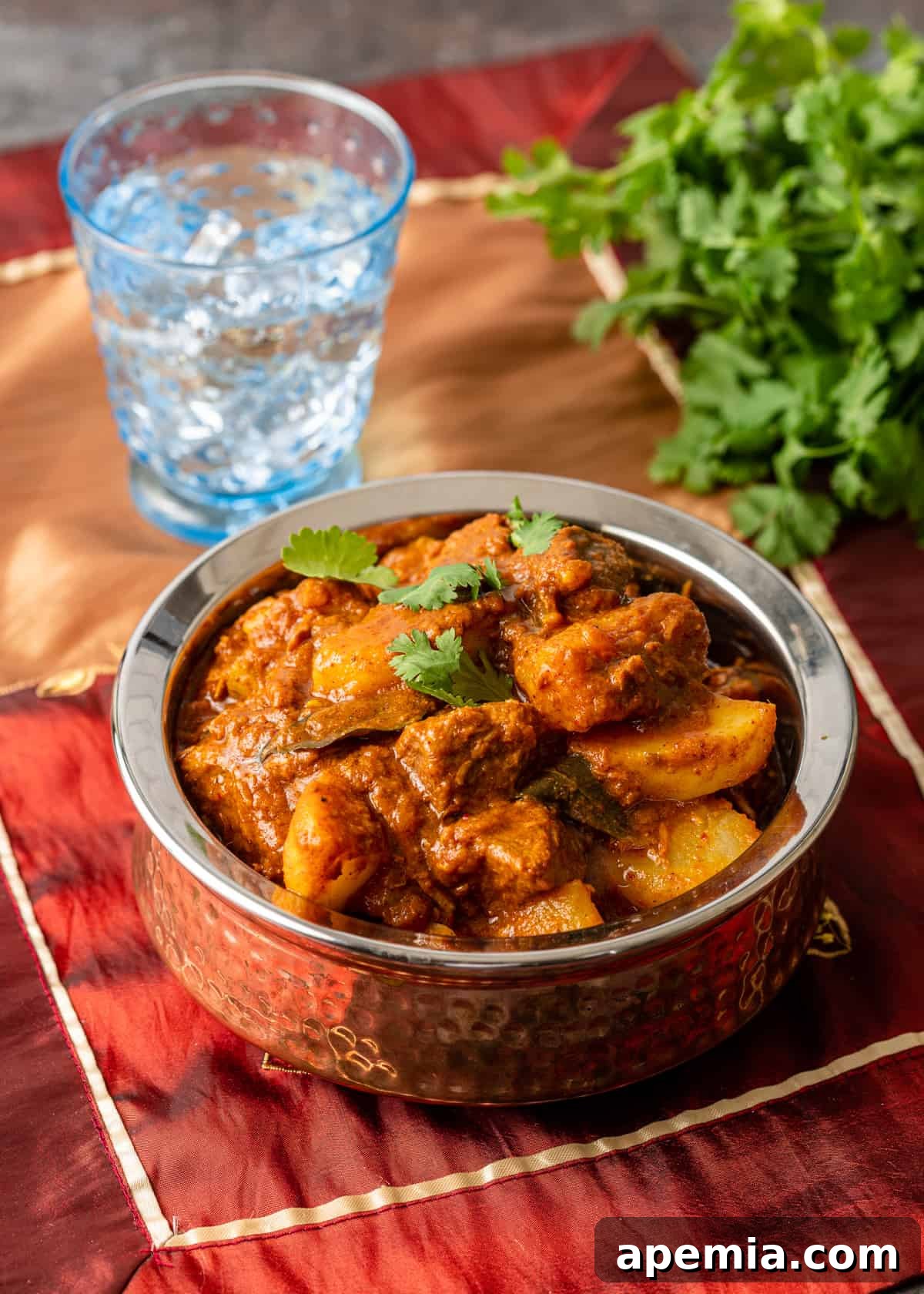 Zesty Goan Lamb Vindaloo 14 overhead: copper bowl with lamb vindaloo sitting on red tablecloth sitting next to glass of water