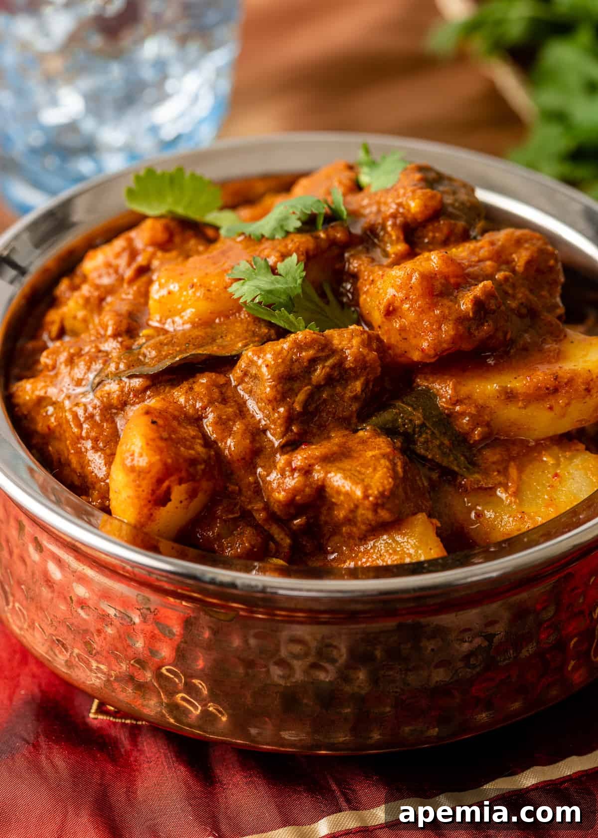 Zesty Goan Lamb Vindaloo 3 overhead: copper bowl with lamb vindaloo inside on red tablecloth