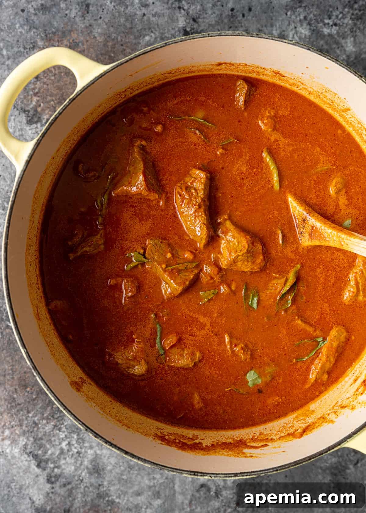 Zesty Goan Lamb Vindaloo 9 overhead process shot: ingredients in a pan waiting to boil
