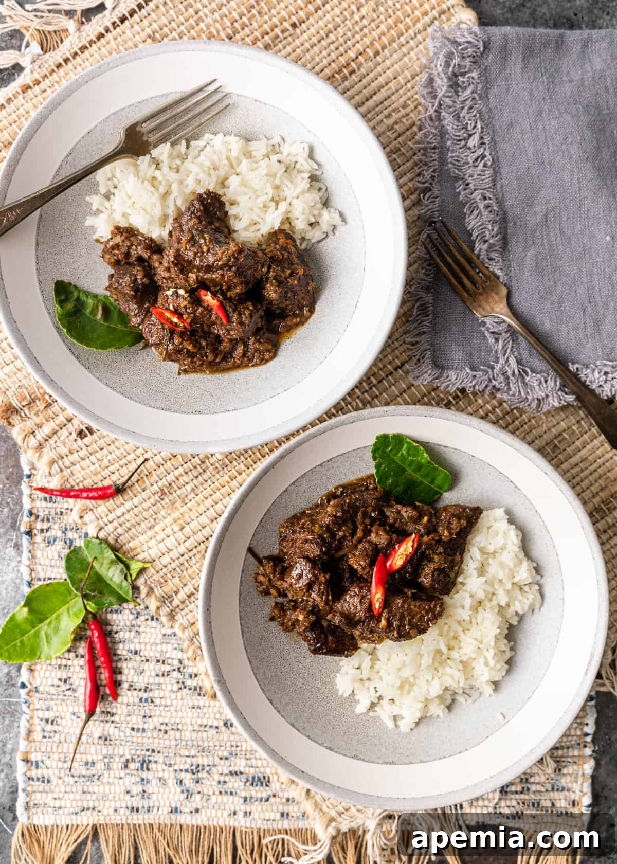 Overhead shot showcasing two beautifully plated dishes of Beef Rendang curry, each served with a generous portion of fluffy white rice, ready for a delicious meal.