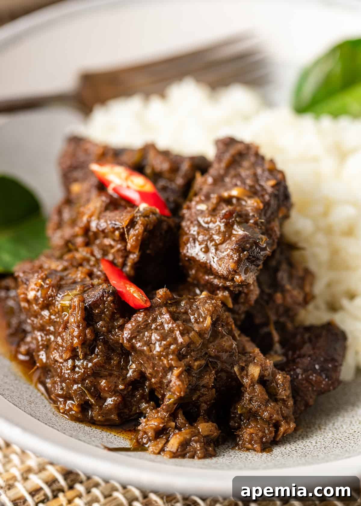 Overhead view of a generous serving of rich Beef Rendang curry in a bowl, perfectly paired with a mound of fluffy white rice, ready to be enjoyed.
