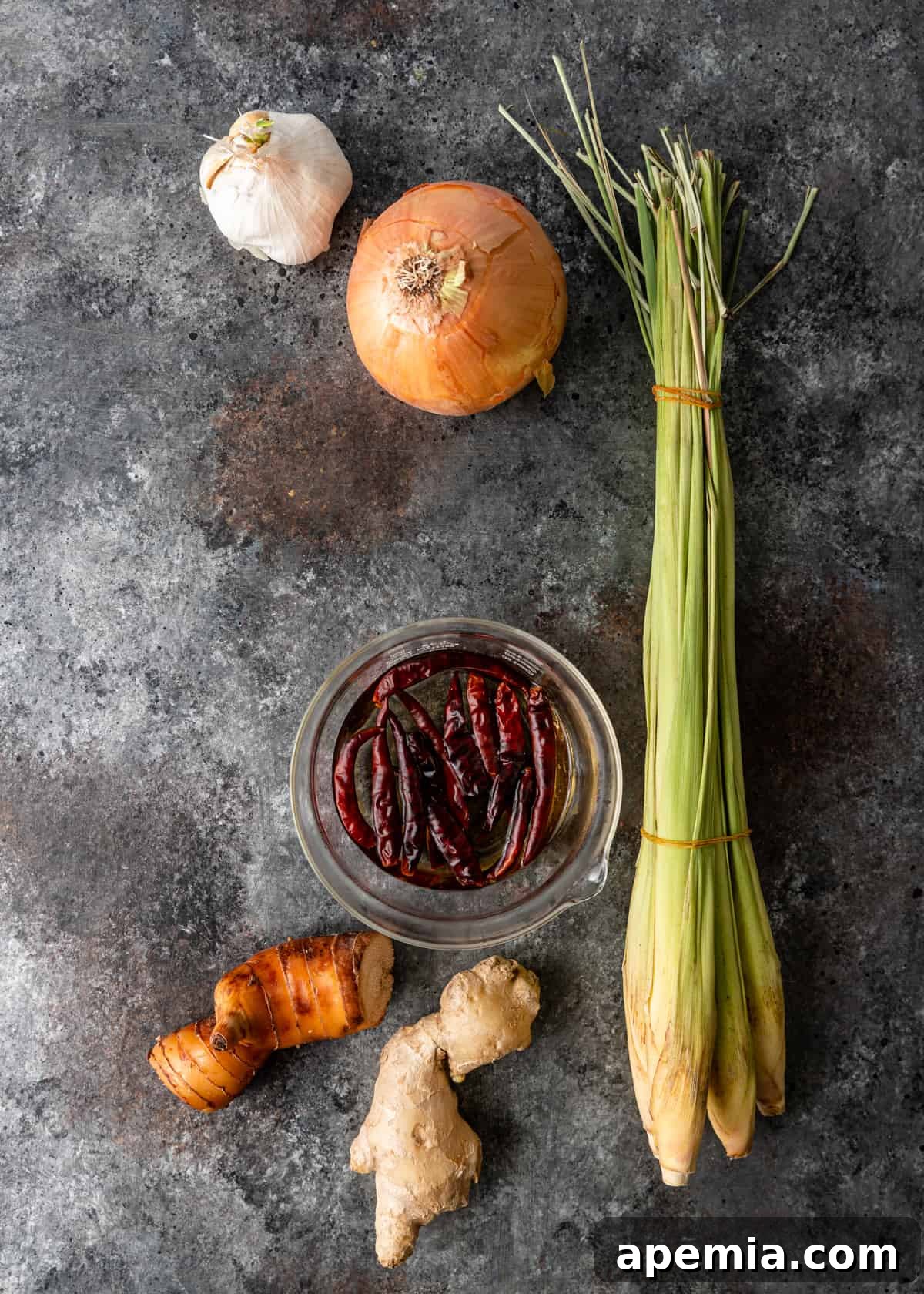 Overhead view showcasing a vibrant selection of fresh ingredients neatly laid out on a clean surface, ready for the preparation of Beef Rendang curry.