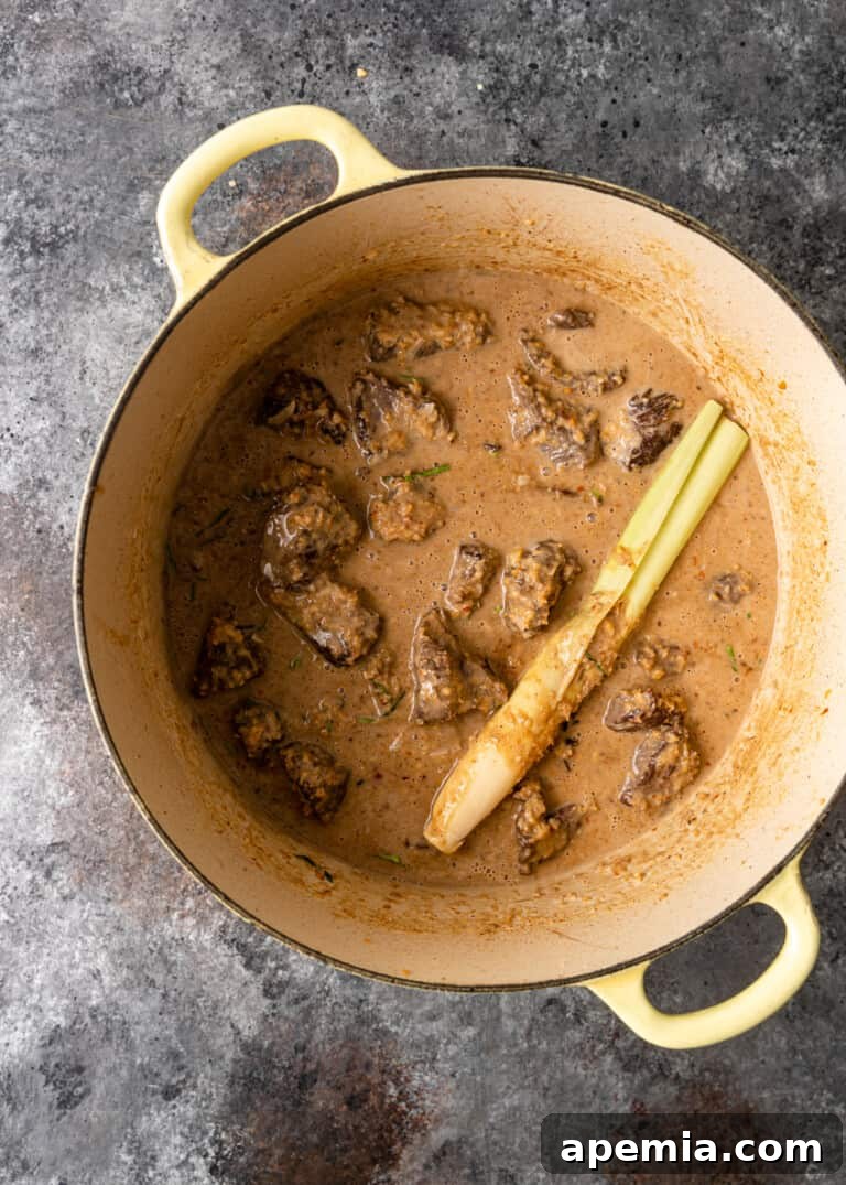 Overhead process shot: The Beef Rendang mixture in a Dutch oven, actively bubbling as it's brought to a gentle boil, indicating the start of the simmering process.