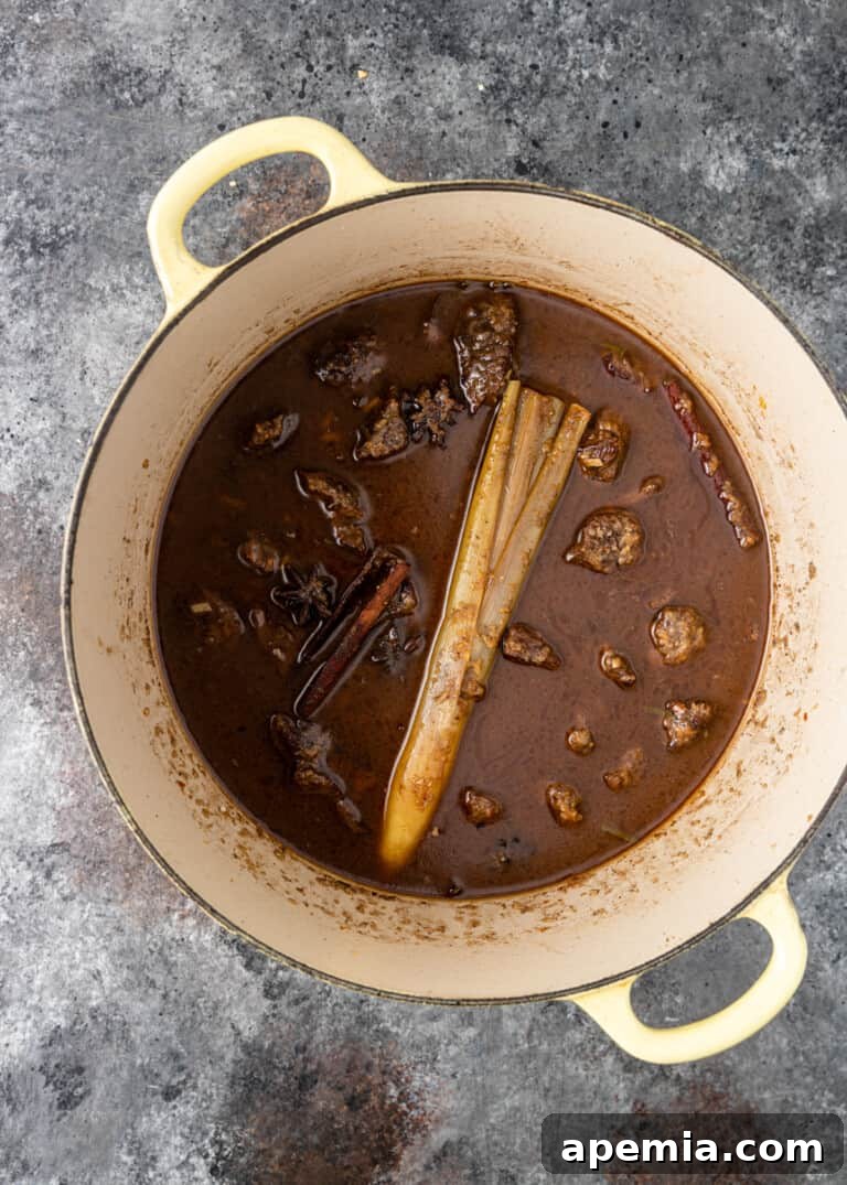 Overhead process shot: Beef Rendang simmering gently, covered in a Dutch oven, allowing the flavors to meld and the beef to tenderize over time.