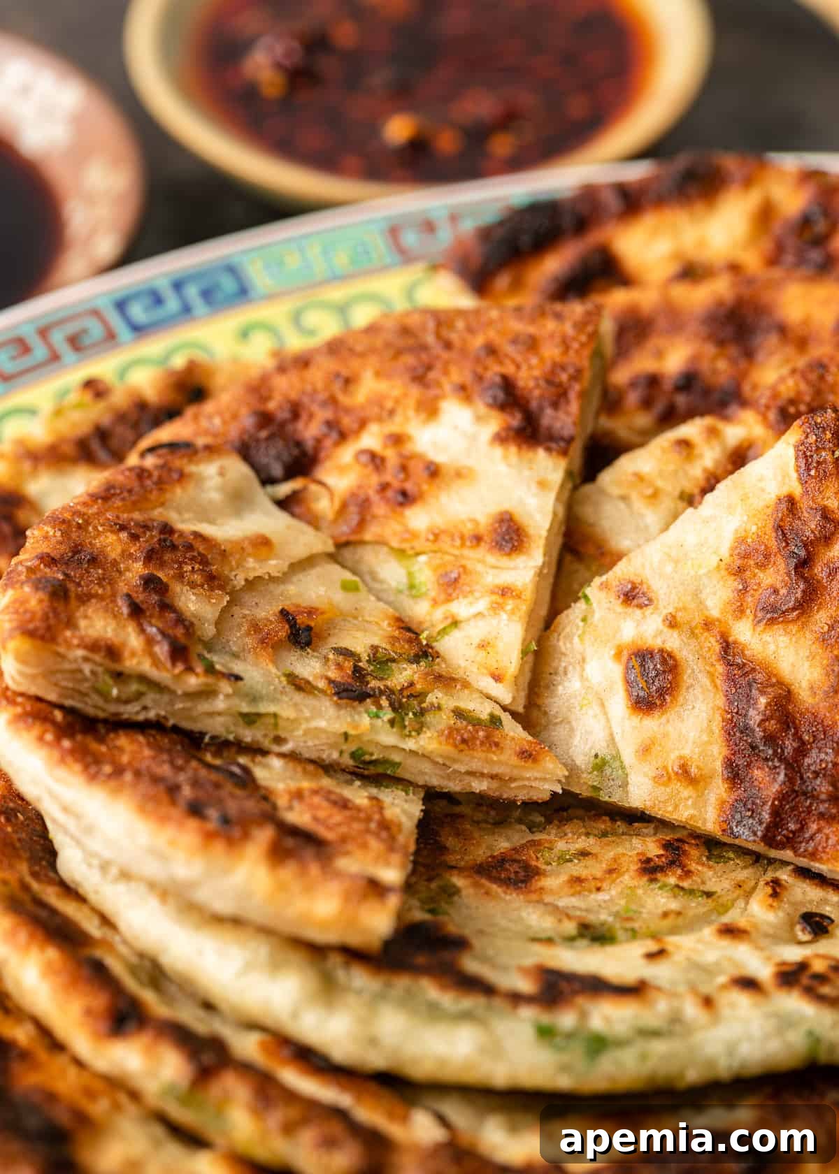 closeup: texture of a green onion pancake
