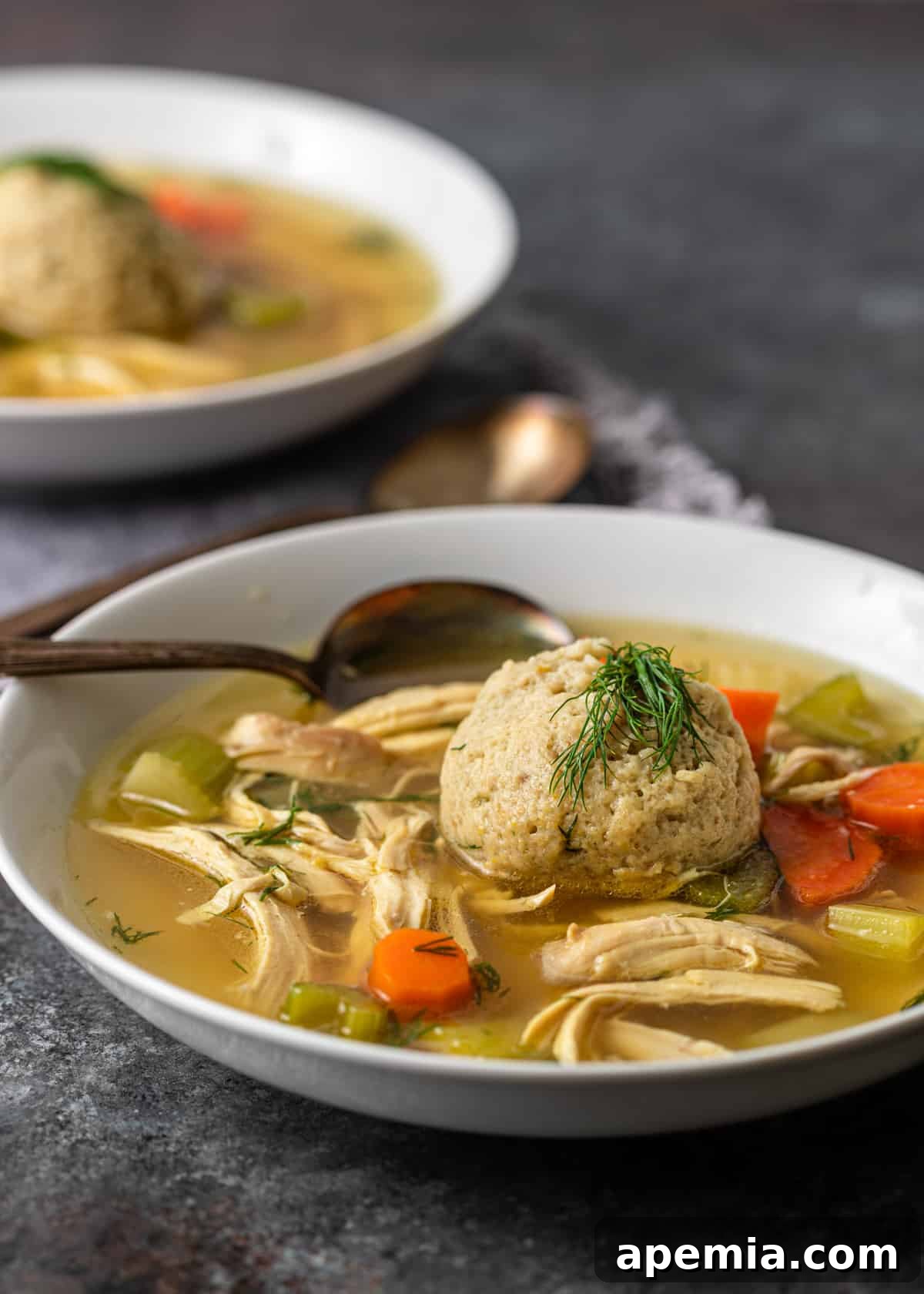 closeup side view: Jewish chicken soup in a white bowl with spoon