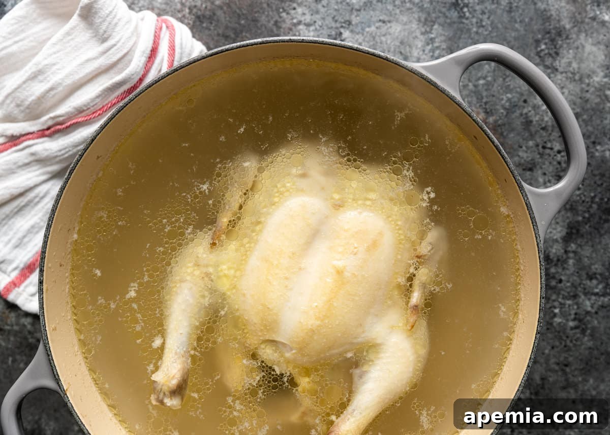 overhead: whole chicken in a pot of water on counter with white linen off to side