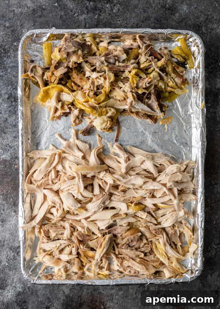 overhead process shot: removing meat off of whole chicken