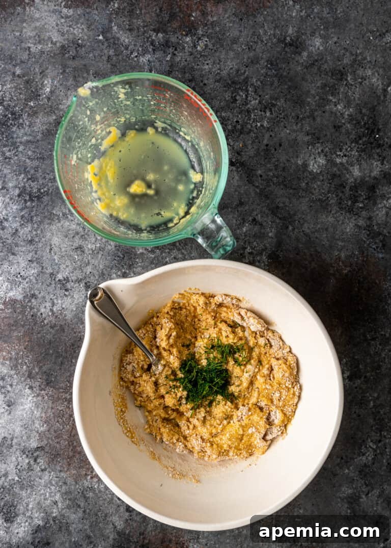 overhead process shot: empty measuring cup with bowl of mixture and spices getting ready to form matzo balls