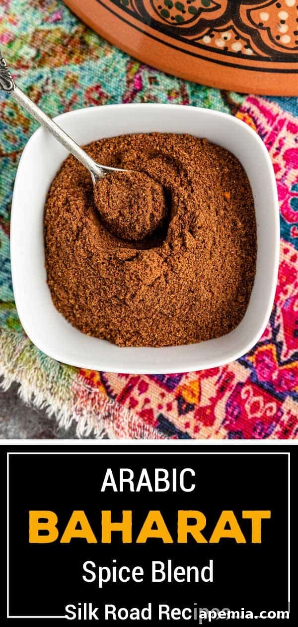 Titled photo showing the Arabic Baharat Spice Blend in a white bowl, ready for use.