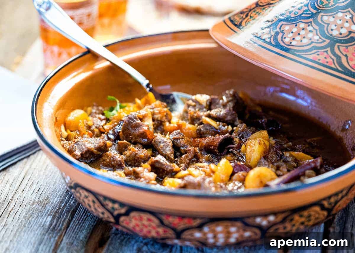 side view: lamb tagine with apricots in a tagine dish