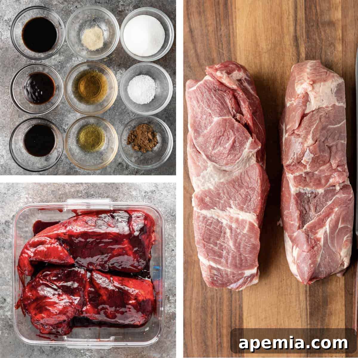 A collage of three distinct photos displaying all the necessary ingredients laid out for preparing the Char Siu recipe, neatly organized on a kitchen counter.