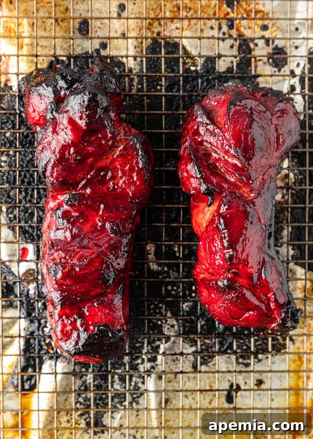 Overhead view of two pieces of glazed Chinese BBQ pork, freshly roasted and glistening on a wire rack, showcasing the perfect caramelization.