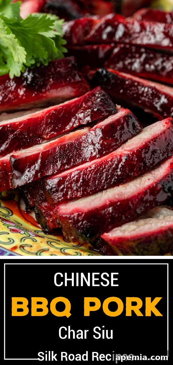 Large, vibrant image titled 'Chinese BBQ Pork Char Siu' showcasing the finished dish, artfully arranged for serving.