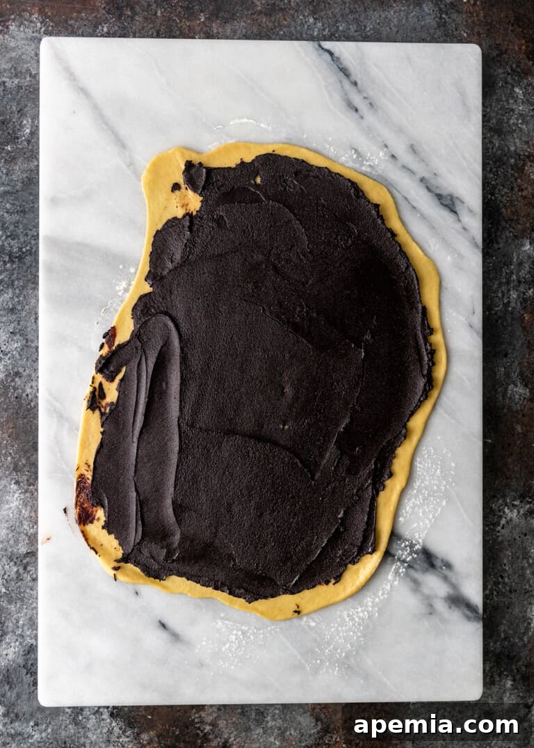 Overhead process shot: Rolled-out babka dough with chocolate filling spread evenly across it, leaving a border.