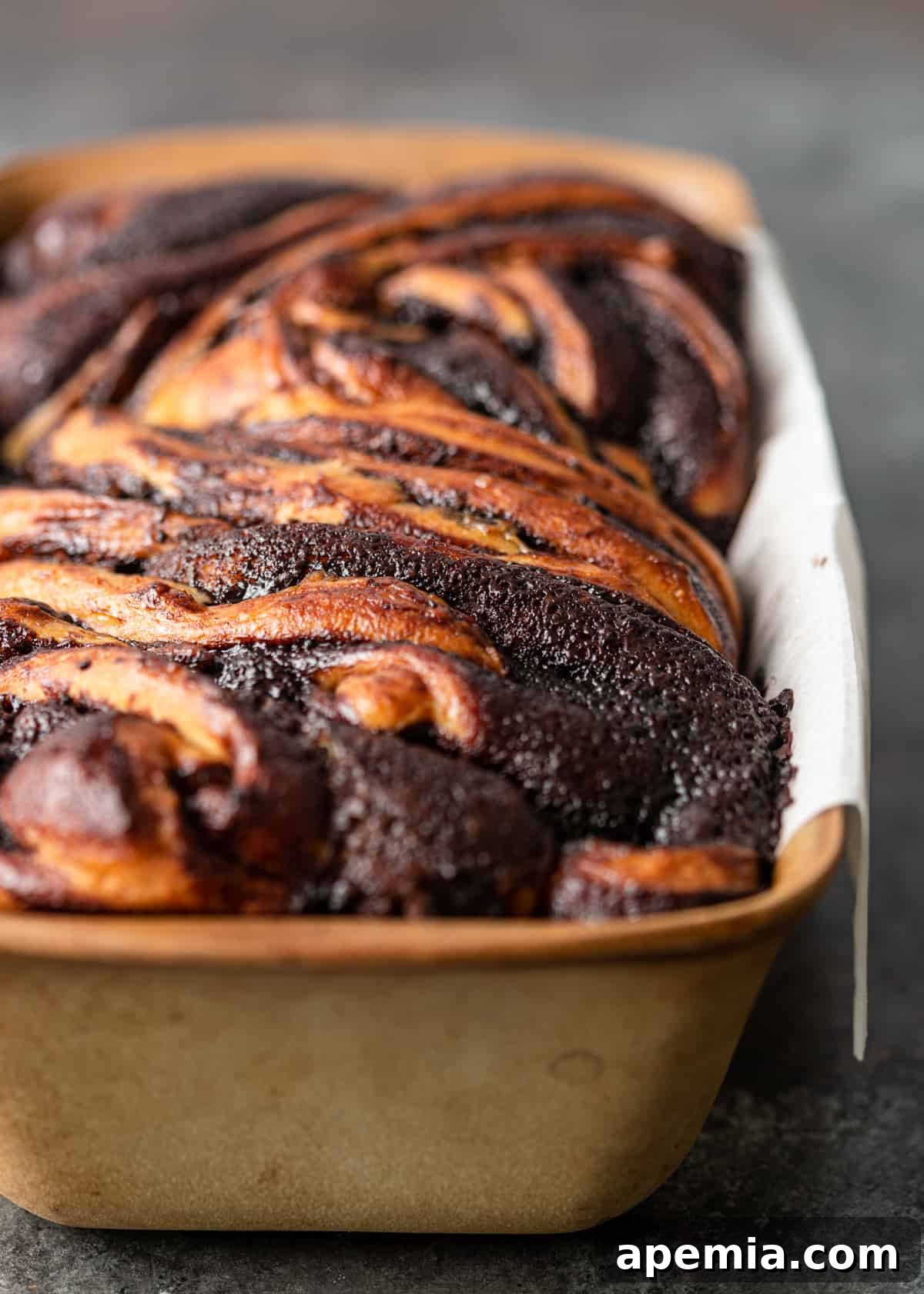 Close-up view of a freshly baked chocolate babka loaf still in its bread pan, highlighting the intricate chocolate swirls and golden crust.
