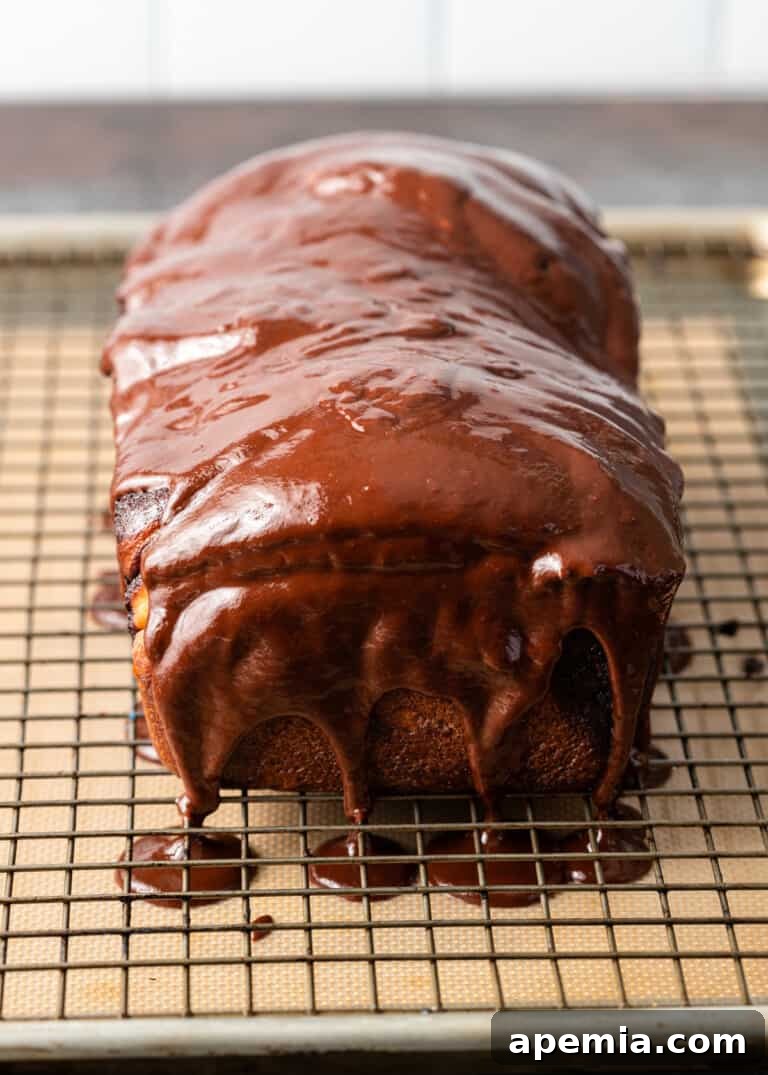 Overhead process shot: Final glazed babka, with the chocolate set, showcasing a beautiful, glossy finish.